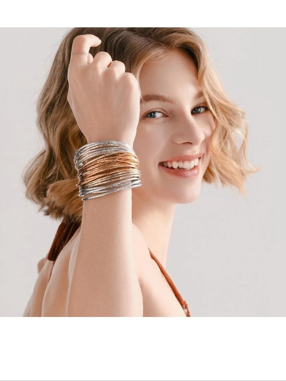 Multi-Row Silver and Gold Bangle Bracelet Stack - Women Jewelry